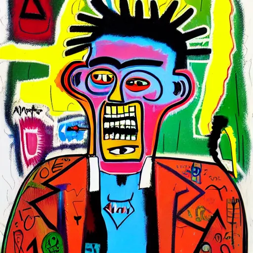 Image similar to colorful odd colors detailed abstract neo expressionism chaotic oil painting of sad boy business man depressed with tattoos by basquiat