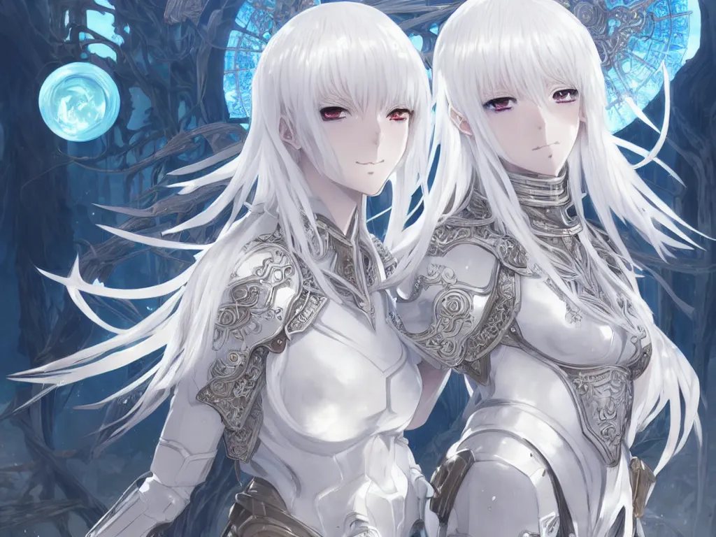Image similar to anime key visual of portrait white hair knights of zodiac girl, matt white ice color armor, in ruined agora of athens sunrise, ssci - fi and fantasy, intricate and very beautiful and elegant, highly detailed, digital painting, artstation, concept art, smooth and sharp focus, illustration, art by tian zi and wlop and alphonse mucha
