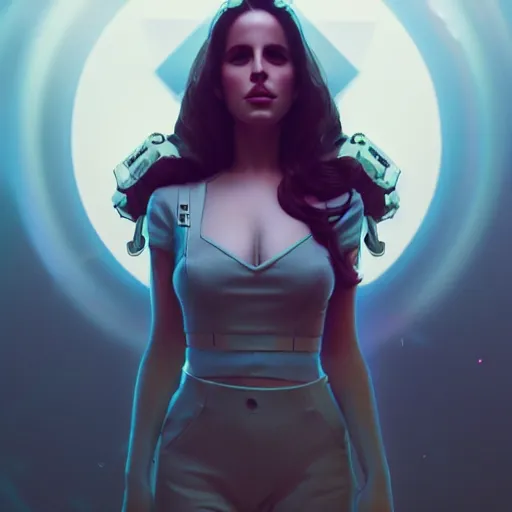 Image similar to portrait of lana del rey as a cyborg. intricate abstract. intricate artwork cyberpunk by tooth wu, wlop, beeple, dan mumford. octane render, trending on artstation, greg rutkowski ruan jia, cinematic, hyper realism, unreal 4, high detail, octane render, 8 k, key art, iridescent accents