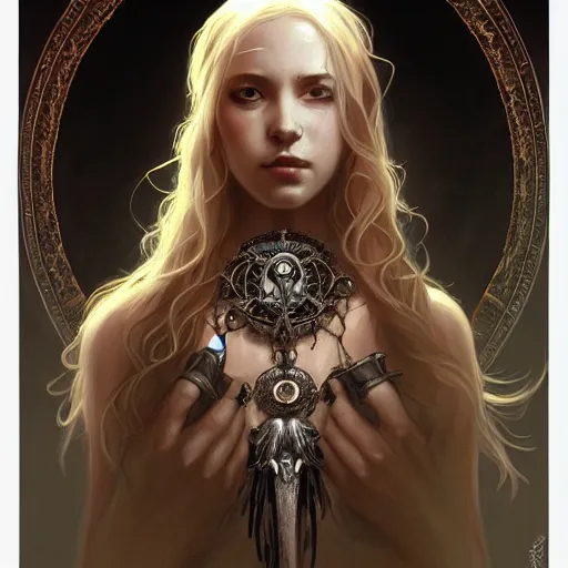 Image similar to Portrait of a young female necromancer wearing a necklace with small bird skulls, epic dark fantasy, medium shot, intricate, elegant, highly detailed, digital painting, artstation, concept art, smooth, sharp focus, illustration, art by artgerm and greg rutkowski and alphonse mucha