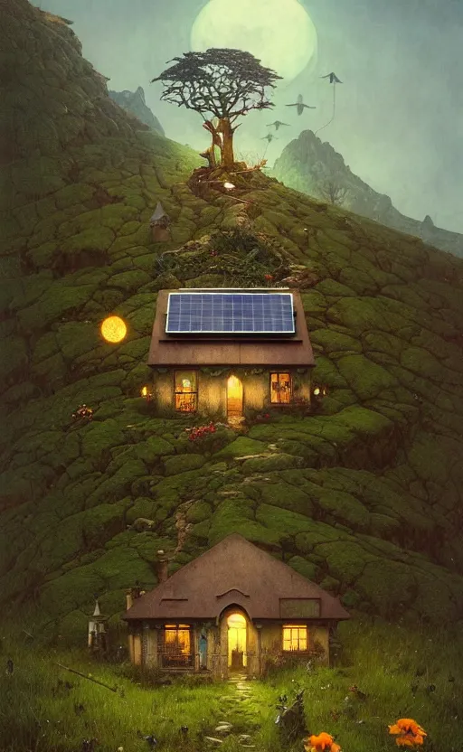 Image similar to a hyper realistic witchy cottage with solar panels on a tall hill, mountains, atmospheric lighting, lush foliage, painting by chiara bautista and tom bagshaw, mucha, beksinski and norman rockwell and greg rutkowski weta studio, and lucasfilm