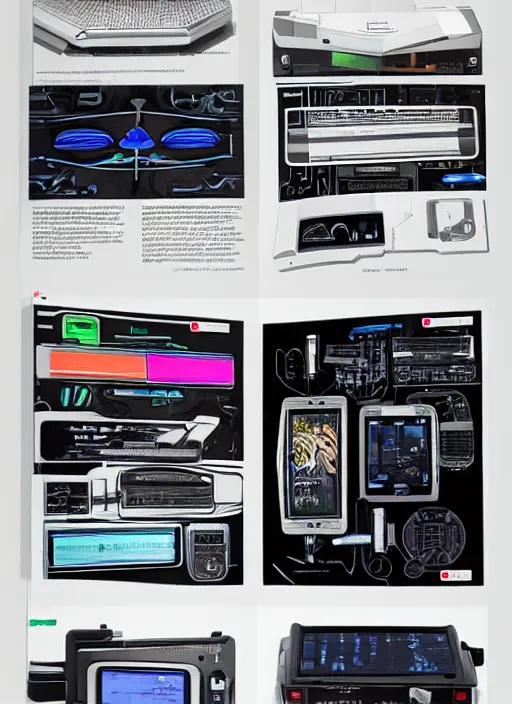 Prompt: electronics catalogue with hyper-detailed futuristic gadgets designed by Syd Mead, Jony Ive and Dieter Rams