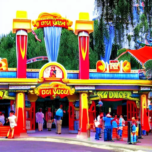 Image similar to Dixieland Chinese bootleg theme park of Disneyland, Horror, Creepy, Spooky, McDonald's haunts Dixieland, HDR, Camcorder, VHS quality,