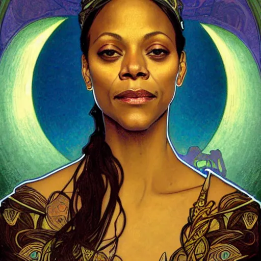 Image similar to zoe saldana portrait by louis - theophile hingre and alphonse mucha, realistic, sharp focus, zodiac signs, tarot cards, planets, ethereal, art nouveau, magic, moon, sun, crown, dreamy, royal, jewellery