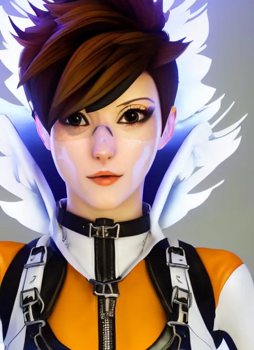 Image similar to portrait bust digital artwork of tracer overwatch, wearing white iridescent rainbow latex and leather straps catsuit outfit, 4 k, expressive happy smug expression, makeup, in style of mark arian, angel wings, wearing detailed black leather collar, chains, black leather harness, detailed face and eyes,