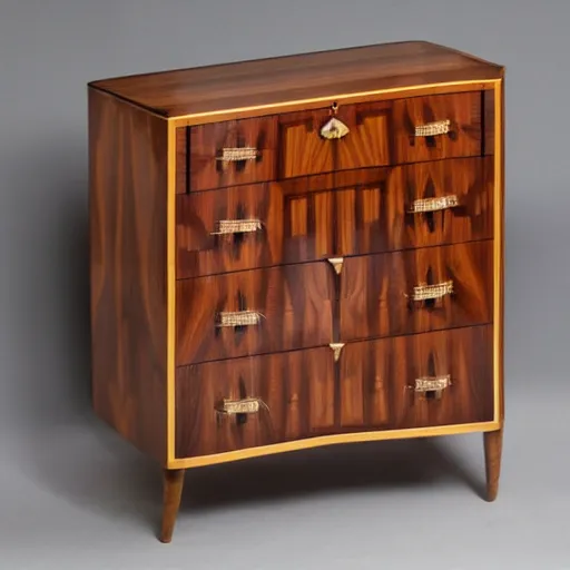 Prompt: realistic photo of an art deco chest of drawers with cabriole legs, walnut wood inlaid with maple accents