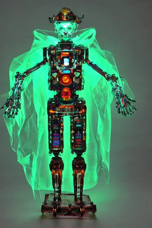 Image similar to full-body rococo and cyberpunk style mint neon and ceramic statue of a muscular attractive Spanish robot god humanoid wearing a thing see-through plastic cloak sim roupa, posing like a super hero, suspended to the wall thick clear cables around his wrists, glowing mint face, crown of red steampunk lasers, emeralds, swirling silver silk fabric. futuristic elements. oozing glowing liquid, full-length view. space robots. human skulls. throne made of bones, intricate artwork by caravaggio. Trending on artstation, octane render, cinematic lighting from the right, hyper realism, octane render, 8k, depth of field, 3D