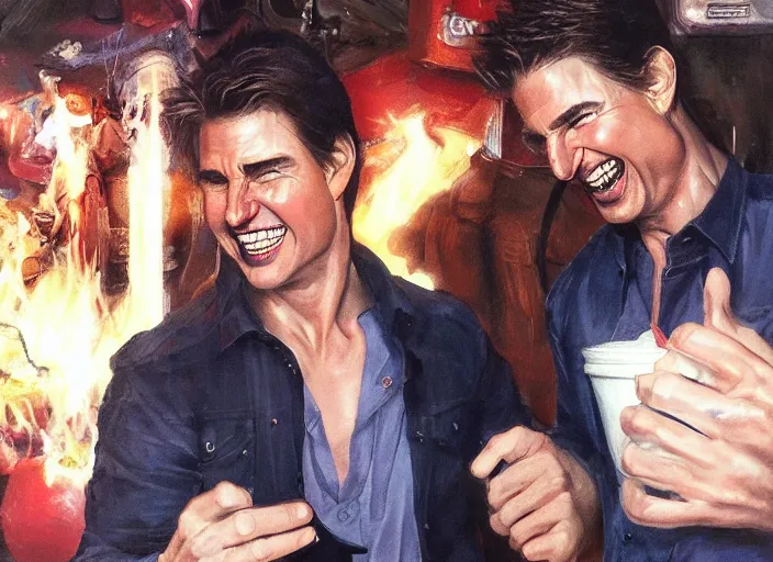 Image similar to hyper realistic tom cruise hanging out with tom cruise at a bar, all overly excited, jaw unhinged with laughter and smiling, all teeth, by greg rutkowski, scott m fischer, artgerm, loish, slight glow, atmospheric, anne stokes, alexandros pyromallis