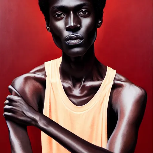 Image similar to A portrait of a skinny stylish and attractive non-binary person, dark black skin tone, oil painting, majestic, detailed, high resolution
