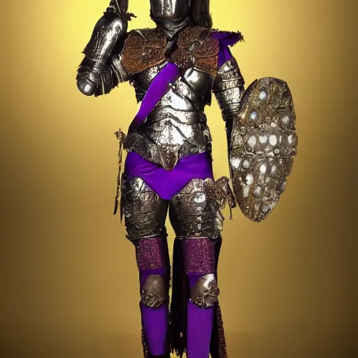 Prompt: full body photo of a beautiful female warrior with amethyst encrusted armour