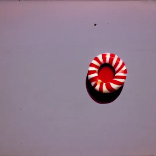 Prompt: 1960s photo of a round red and white peppermint candy held up to the sun