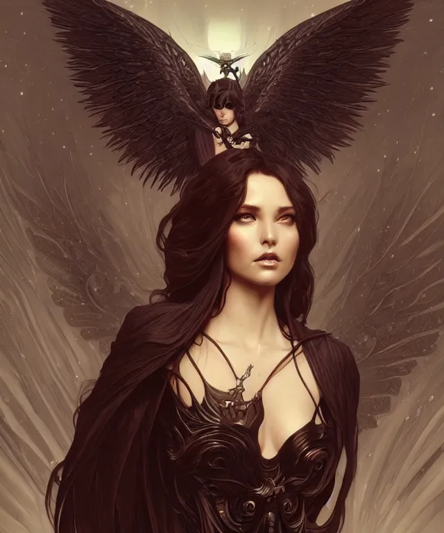 Image similar to beatiful woman turning into a dark angel, dark surrealism , scifi, intricate, elegant, highly detailed, artstation, concept art, smooth, sharp focus, illustration, art by artgerm and moebius and alphonse mucha