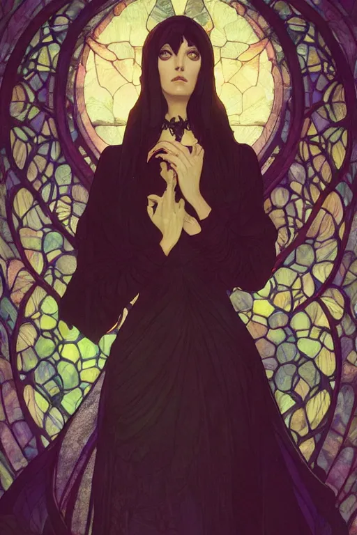 Image similar to a beautiful render of absolutely beautiful witch, gothic background, a beautiful face, perfectly shaded, atmospheric lighting, style of makoto shinkai, raphael lacoste, louis comfort tiffany, artgerm, karol bak, james jean, alphonse maria mucha