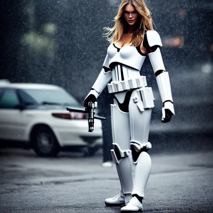 Image similar to fully body pose, photo of a very beautiful!! victoria secret model, stormtrooper themed, wet hair, raining, 8 k, hdr, smooth, sharp focus, high resolution, award - winning photo, trending on artstation, dslr, 5 0 mm