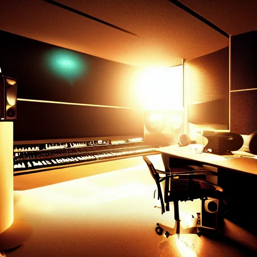 Prompt: Futuristic Music Studio, atmospheric lighting, cinematic, 8k