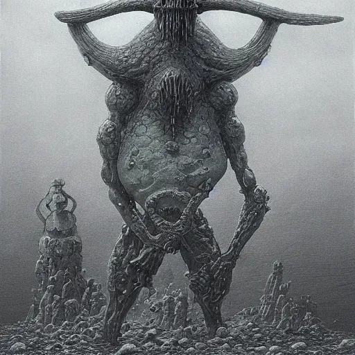 Prompt: squidward as a dark souls boss by zdzisław beksiński