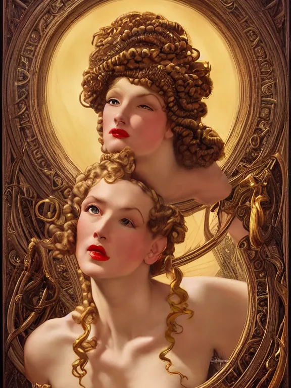 Image similar to Sidney Sweeney as the Medusa Gorgon, a beautiful art nouveau portrait by Gil elvgren, Greek temple environment, centered composition, defined features, golden ratio, gold jewlery, photorealistic professionals lighting, cinematic, sheer