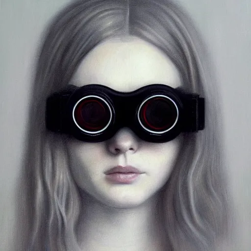 Prompt: portrait of a elle fanning in the world wearing night vision goggles, detailed realism face in painting, detailed beautiful portrait, oil painting masterpiece, 8 k resolution, smooth, sharp focus, trending on artstation, by rembrandt