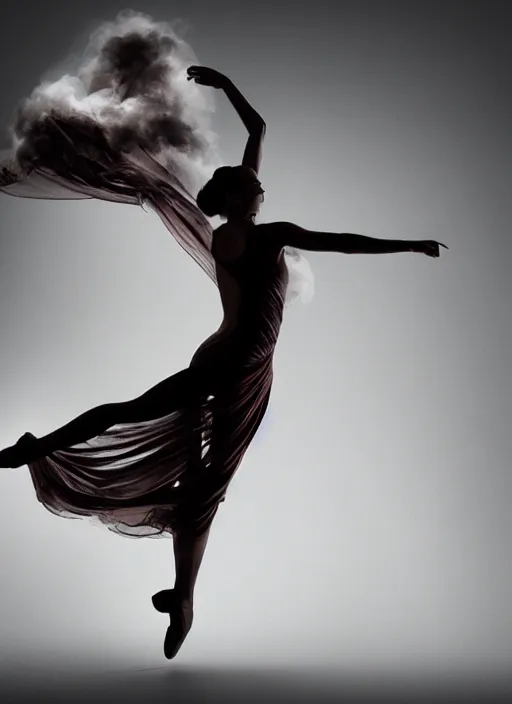 Image similar to a Photorealistic dramatic hyperrealistic render of a glamorous beautiful Female smoke dancer by Ken Brower and Deborah Ory of NYC Dance project,Lois Greenfield,Flowing cloth and smoke,Beautiful dynamic dramatic dark moody lighting,volumetric,shadows,cinematic atmosphere,Octane render,8K