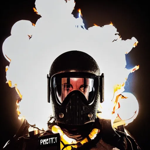 Image similar to portrait of a anti-riot policeman with head on fire , front, centered, riot background, at night ,editorial photography