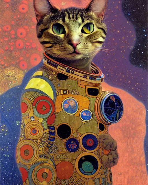 Image similar to cosmonaut cat portrait an oil painting splashes with many colors and shapes by gustav klimt greg rutkowski and alphonse mucha, polycount, generative art, psychedelic, fractalism, glitch art