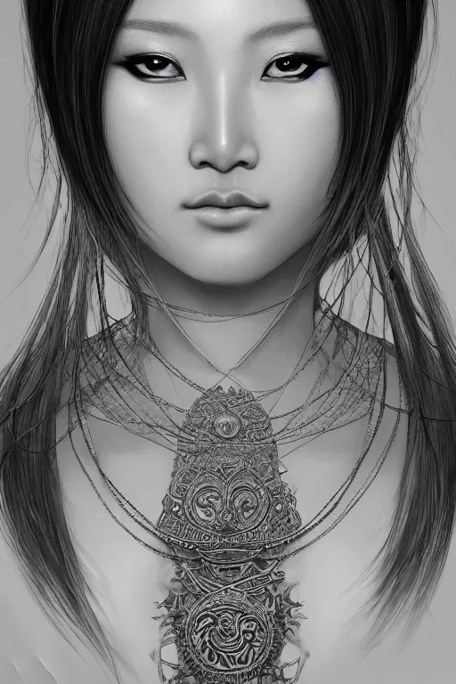 Prompt: a portrait of an asian goddess, detailed, realistic eyes, symmetry features proportions, intricate facial details, cybertech wear, award winning, trending in cgsociety artstation deviant art