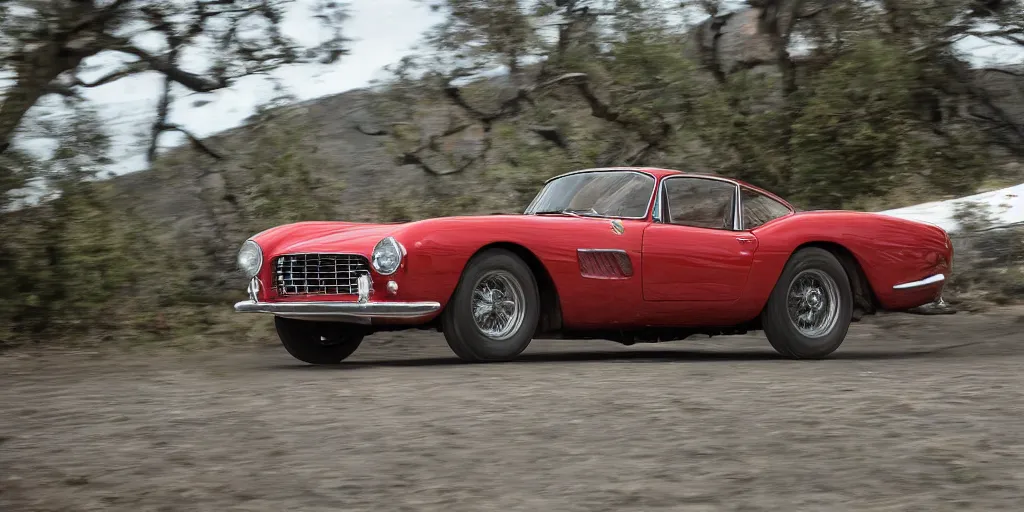 Prompt: photograph, 1958 FERRARI 250 GT, by Peter Singhof, press release, cinematic, malibu canyon, 8k, depth of field, bokeh. rule of thirds