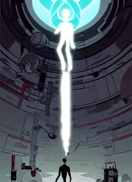 Image similar to poster artwork by Michael Whelan and Tomer Hanuka, of the game Portal, from Valve, Aperture Science, clean