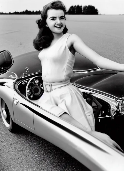 Image similar to Young woman sitting on a sports car, 1950s award winning photo highly detailed, highly in focus, highly life-like, facial closeup taken on Arriflex 35 II, by stanley kubrick