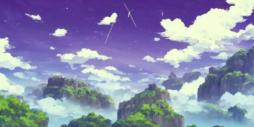 Prompt: background art of flying longswords flowing and floating through the slicing through directional wind on a simple cloudy sky background featuring a canyon bridge, big puffy clouds, large individual rose petals, angular background elements, polygonal fragments, anime, studio ghibli, artgerm, manga, trending on artstation, art nouveau, mature color scheme