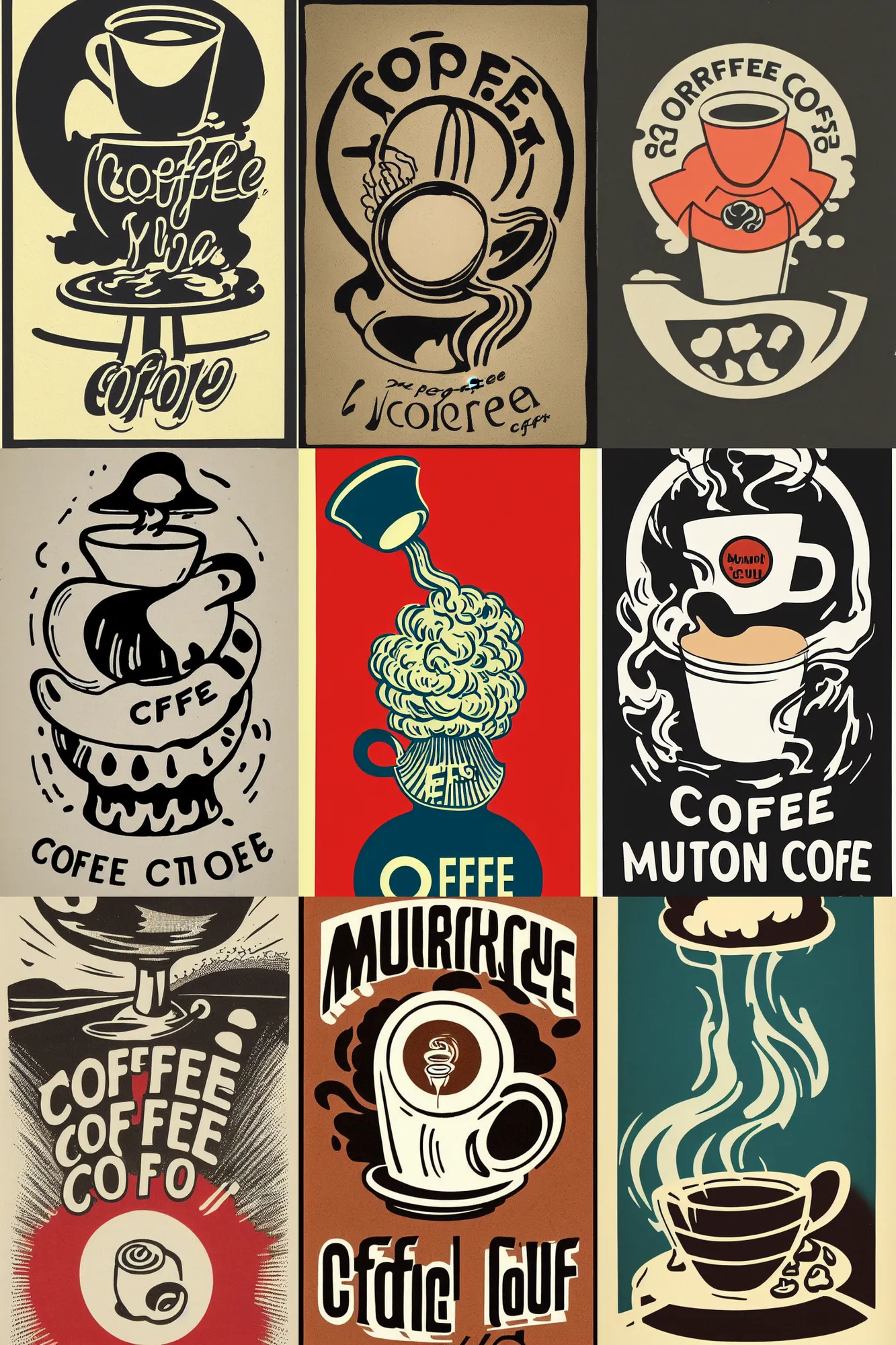 Image similar to coffee logo, featuring a mushroom cloud coming out of a cup, by mcbess, full colour print, vintage colours, 1950s