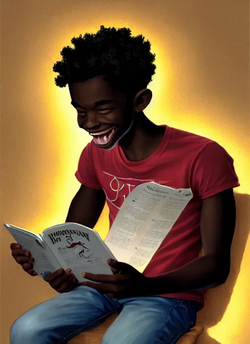 Image similar to portrait of teenage chuck clayton, black teenage boy, very short curly hair, very short hair, square jaw, slight excited smile, reading archie comic book, intricate, elegant, glowing lights, highly detailed, digital painting, artstation, concept art, smooth, sharp focus, illustration, art by wlop, mars ravelo and greg rutkowski