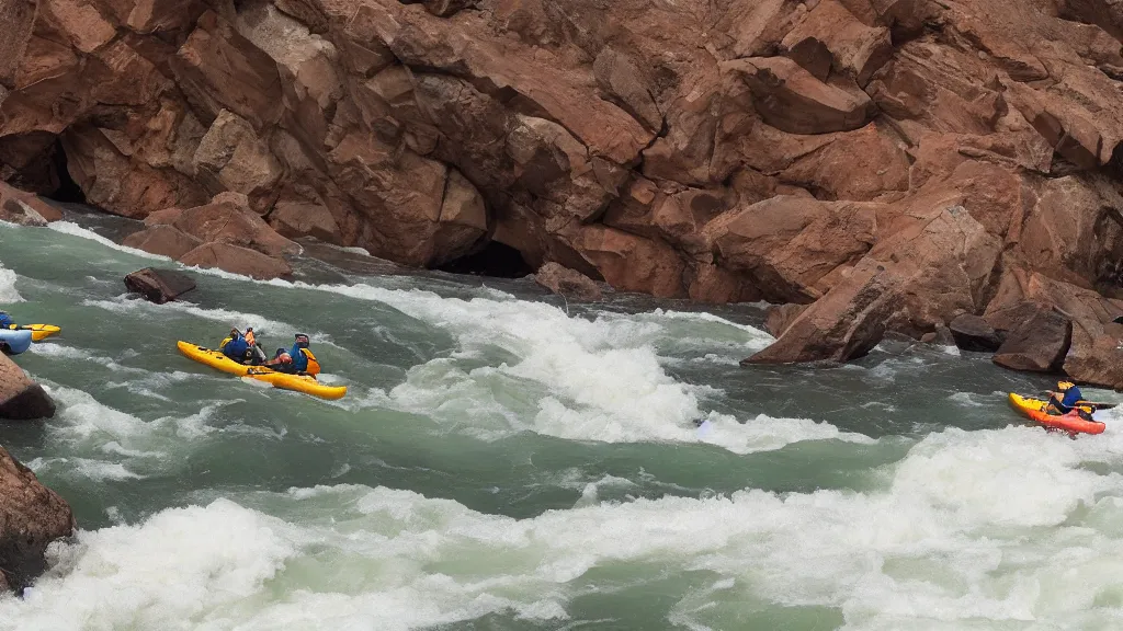 Prompt: a pair of kayakers shoot the rapids in the Colorado river, crashing waves, matte painting, wide shot, photorealistic, 4k