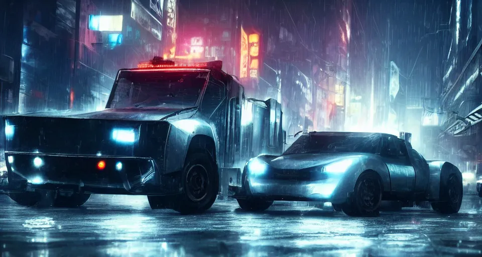 Image similar to closeup photo of combat tesla cybertruck driving on wet dystopian cyberpunk city streets at night, mad max, action, speed, volumetric lighting, hdr, need for speed, gta 5, forza, makoto shinkai, syd mead, craig mullins, cinematic, fast and furious, blade runner, octane, 8 k, iso 1 0 0, 1 2 mm