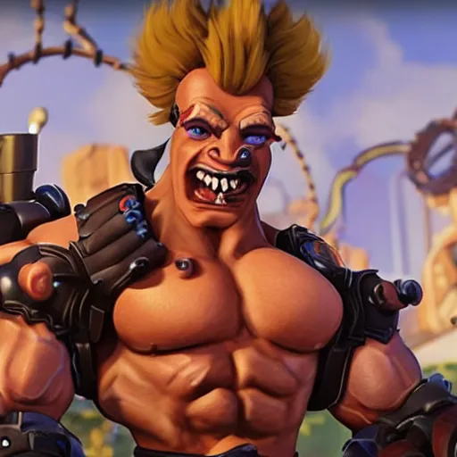 Image similar to a screenshot of junkrat arnold schwarzenegger as junkrat in overwatch