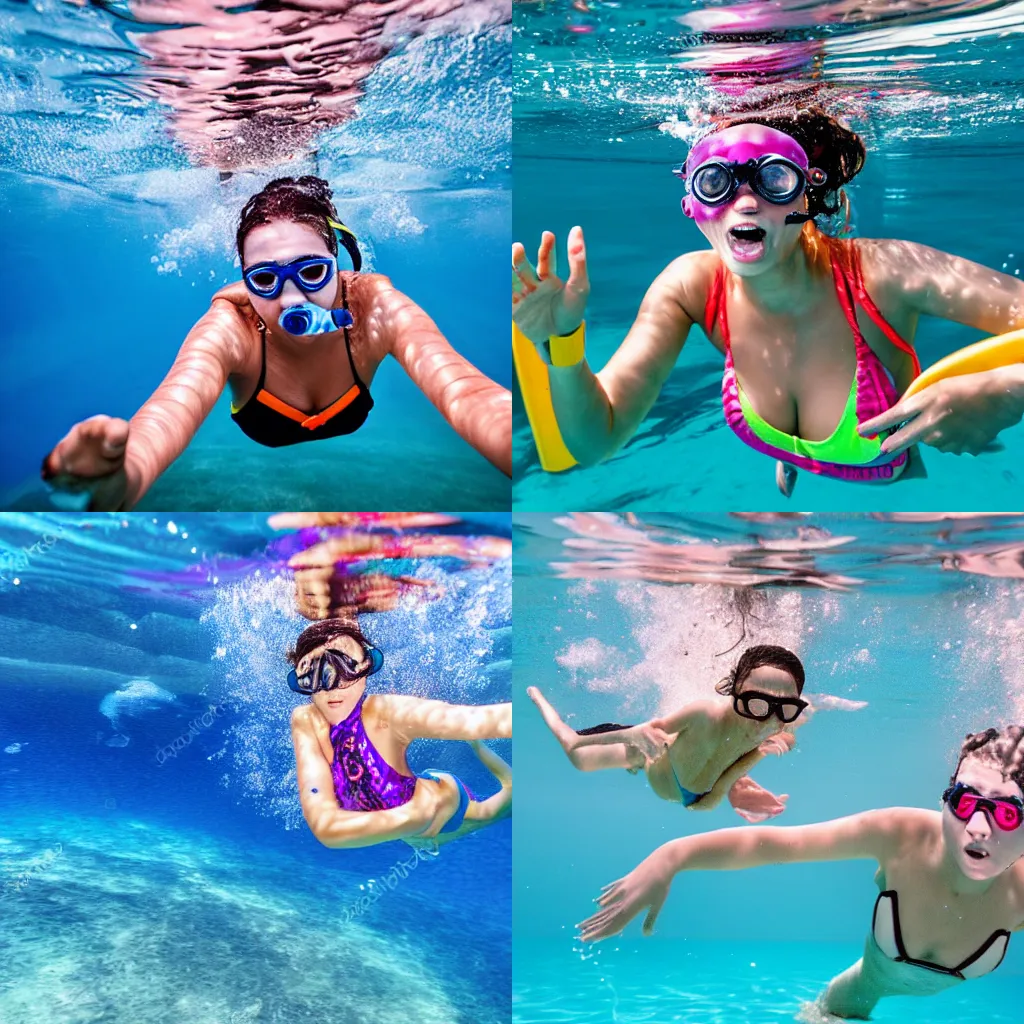 Prompt: underwater exploration swimming with flippers, young adult girl wearing swimsuit, holding breath