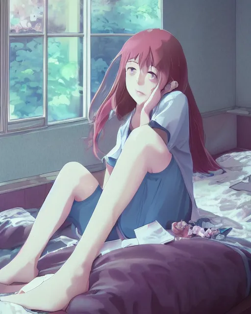 Image similar to a full shot of a teenage girl chilling in her dorm, moe, kawaii, pretty, lovely, detailed face, digital art by makoto shinkai