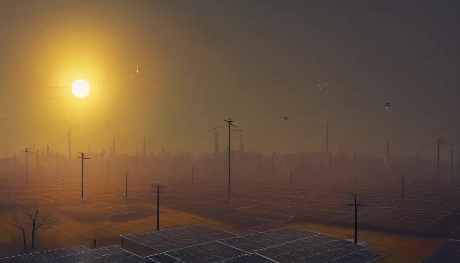 Prompt: city full of solar panels, early morning sun in the sky, one tree, simon stalenhag