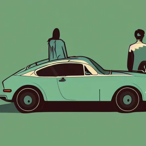 Image similar to people looking at a car, intricate, elegant, highly detailed, vector illustration, artstation, concept art, smooth, sharp focus, illustration, art by wlop, tom whalen, sea green color theme