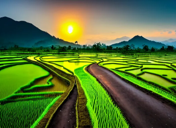 Prompt: a road between rice paddy fields, two big mountains in the background, big yellow sun rising between 2 mountains, indonesia national geographic, award winning dramatic photography
