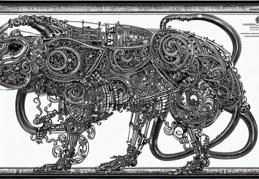 Image similar to schematic blueprint of highly detailed ornate filigreed convoluted ornamented elaborate cybernetic rat, art by da vinci