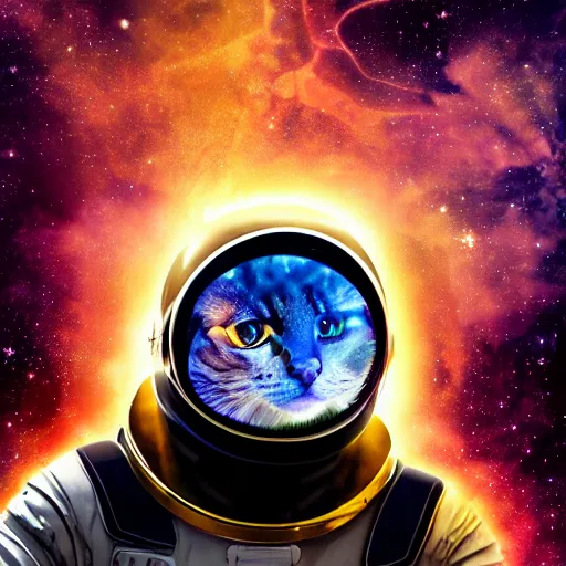 Image similar to epic scale space kitty, eyes like galaxies, flying through space, wearing a space suit and space helmet, soaring through the stars, ultra detailed, 4 k, 8 k, digital illustration