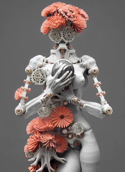 Prompt: biomechanical marble statue with porcelain skin coral and daisies carrying a bottle of perfume, up close shot, sharp focus, global illumination, radiant light, alexandre ferra white mecha, irakli nadar, octane highly render, 4 k, ultra hd,