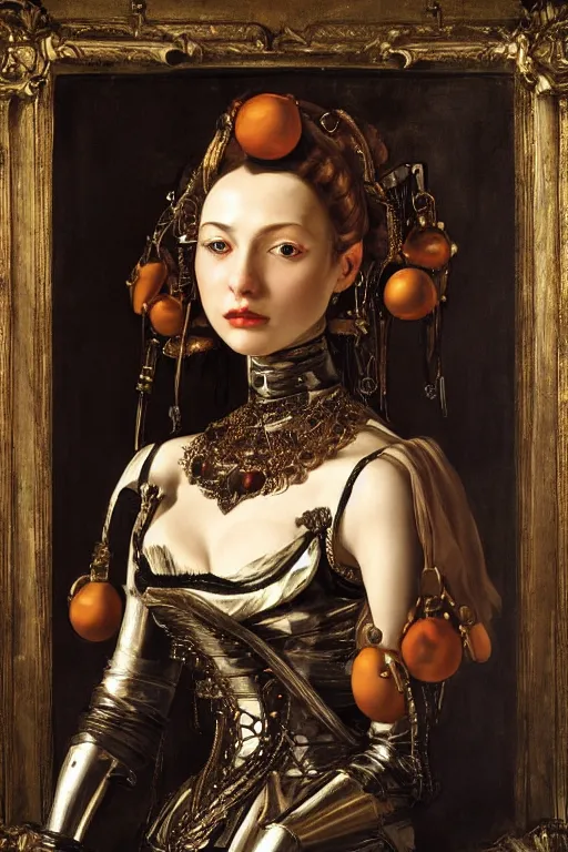 Prompt: portrait, headshot, digital painting, of a 17th century, beautiful automaton cyborg merchant girl, Borgia, dark hair, amber jewels, baroque, ornate clothing, scifi, futuristic, realistic, hyperdetailed, underexposed, chiaroscuro, concept art, art by waterhouse and caravaggio