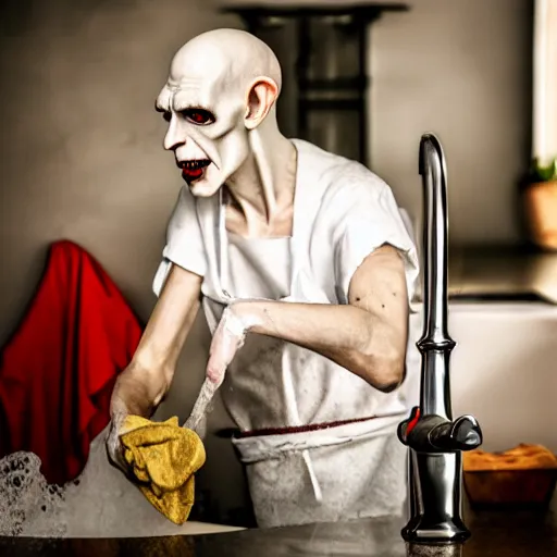 Prompt: portrait of nosferatu washing dishes, realistic detailed photography, 5 0 mm lens