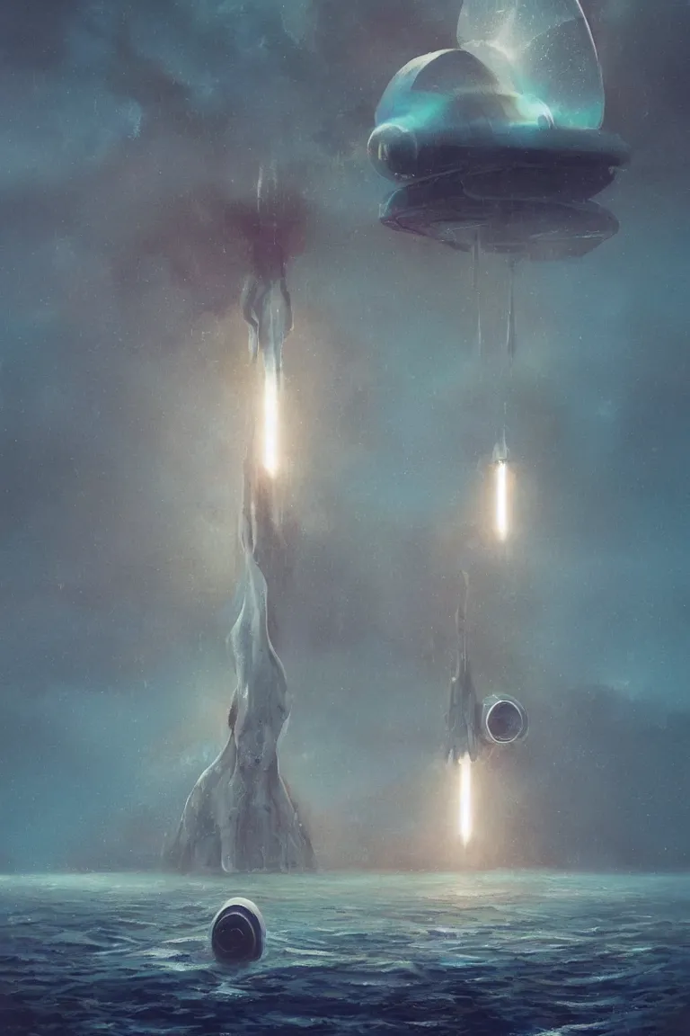 Image similar to mechanical spaceship called the nautilus dripping wet emerging from a the ocean, launching to space, big booster rocket engines, sci - fi concept art, by john harris, by simon stalenhag, stunning, award winning