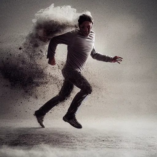 Prompt: a man with limbs dissolving disintegrating into dust, ashes, powder as he runs frantically with a look of fear on his face dynamic shocking medium shot very cinematic photorealistic