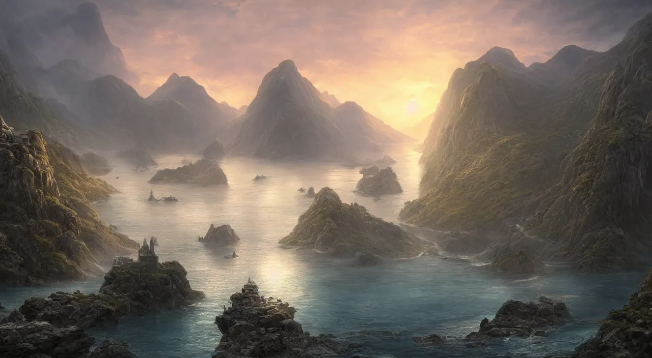 Prompt: hyper realistic detailed matte painting of fiord with one tower ruins, calm foggy sea in the background, sunset lighting, hyperdetailed unreal engine 8 k ultra hd, stanley artgerm lau, rossdraws, james jean marc simonetti ruan jia and mandy jurgens and artgerm and william illustration, digital art, concept art