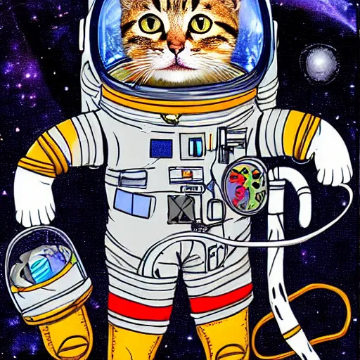 Prompt: a cat astronaut in space in the style of sophie anderson