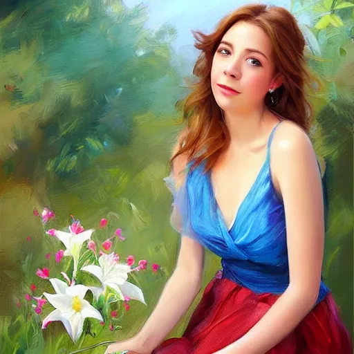 Prompt: lily aldrin, painting by vladimir volegov